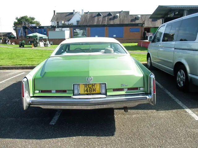 A green 1970s Cadillac, seen from the back